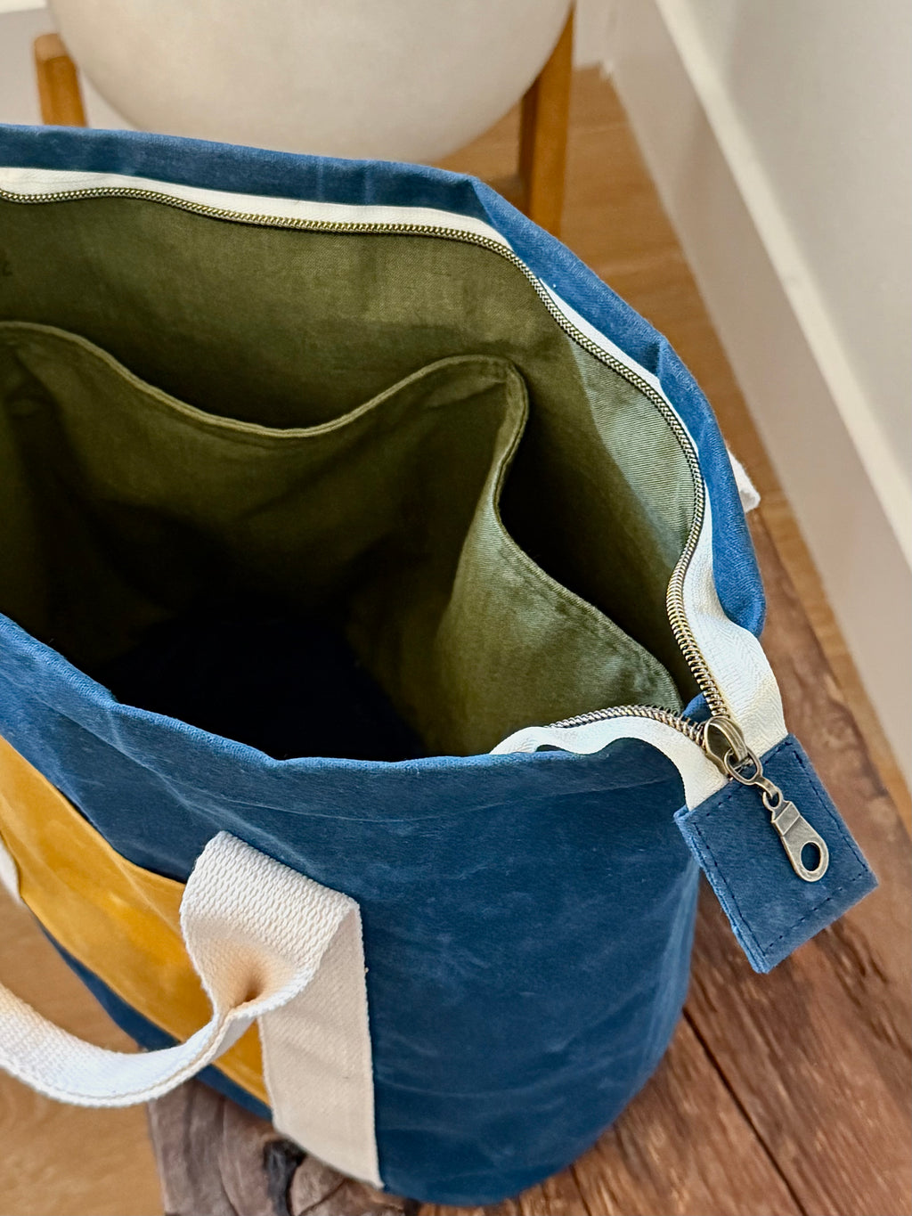 blue + yellow waxed canvas bag