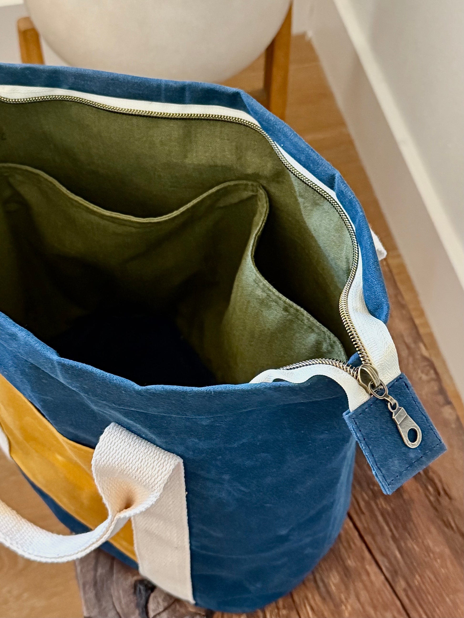 blue + yellow waxed canvas bag