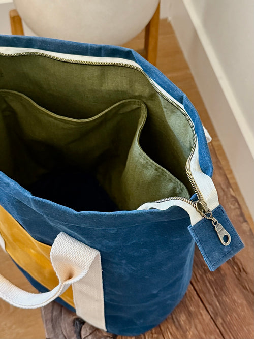 blue + yellow waxed canvas bag