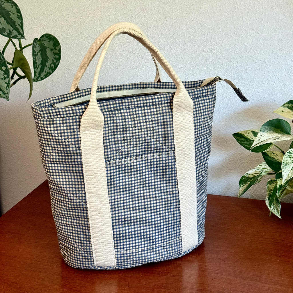 blue gingham carry-all tote