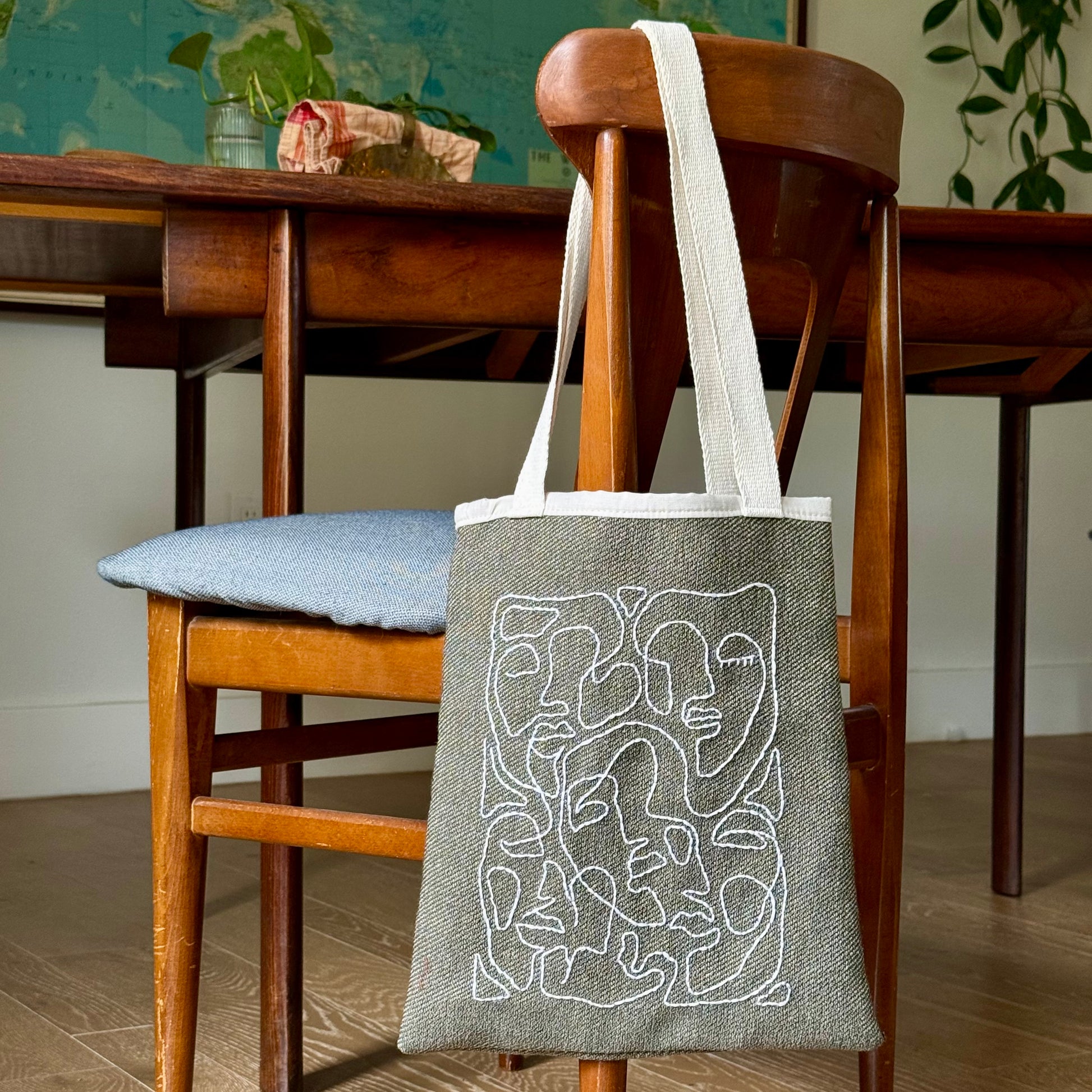 embroidered faces tote