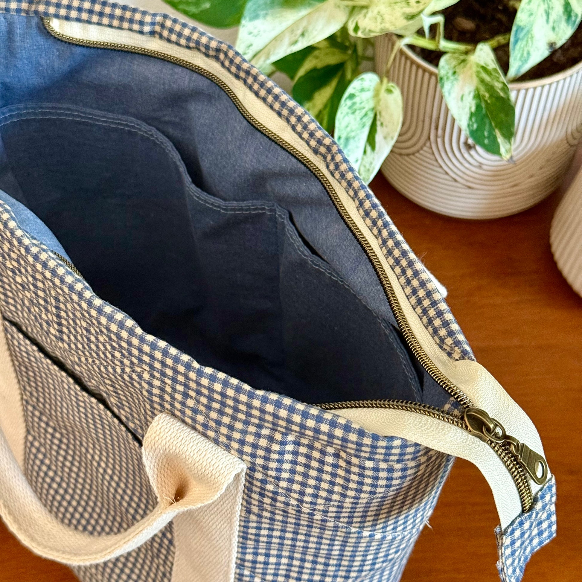 blue gingham carry-all tote