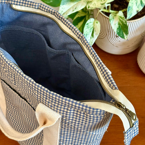 blue gingham carry-all tote