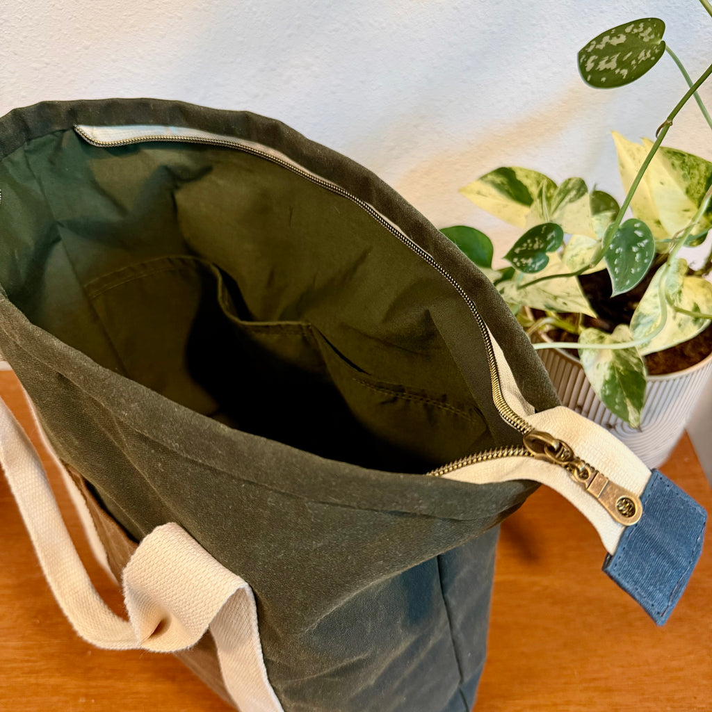 green + brown waxed canvas bag (large)