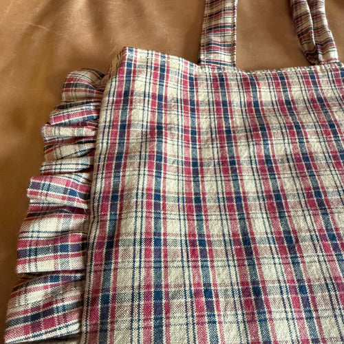 blue + red ruffle tote