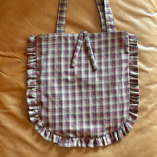 blue + red ruffle tote